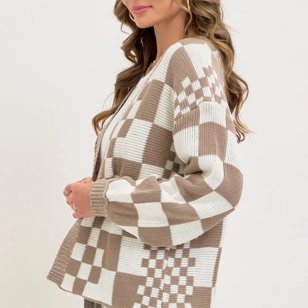 Mixed Checkered Knit Open Front Cardigan - Picture 5 of 6